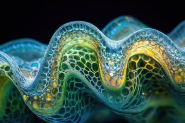 Fototapete - Abstract close-up of a vibrant, textured surface resembling a bioluminescent organism or intricate network.