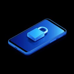 Aufkleber - Secured Mobile: Blue Smartphone with Padlock Displayed for Data Protection and Privacy on Black Background, Isometric Perspective
