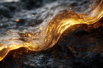 Aufkleber - Golden wave crashing on dark rocks, illuminated from within, creating a mesmerizing scene.