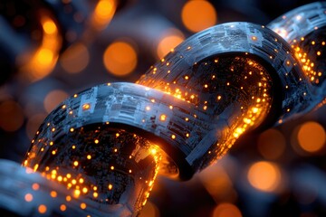 Aufkleber - A swirling, futuristic structure with glowing orange nodes, suggesting technological advancement and intricate circuitry.
