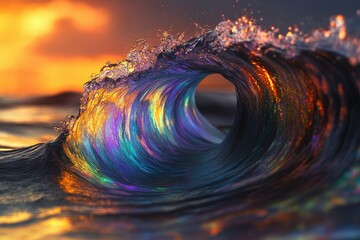 Aufkleber - A mesmerizing iridescent wave curls at sunset, showcasing nature's vibrant beauty and power.
