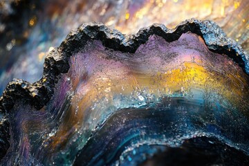 Poster - A mesmerizing close-up reveals iridescent layers within a dark, textured, rock-like substance.