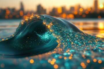 Poster - A mesmerizing teal wave sparkles with golden light against a blurred cityscape at sunset.