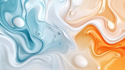 Poster - Fluid acrylic painting combining orange and blue colors creating a marble effect with swirls, waves, and bubbles, forming an abstract and visually appealing design