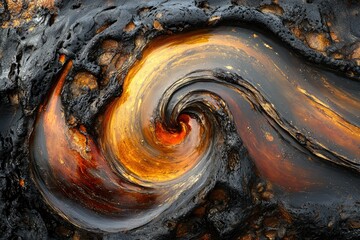 Poster - A swirling vortex of amber and black, resembling molten lava or a cosmic whirlpool in a dark, rocky landscape.