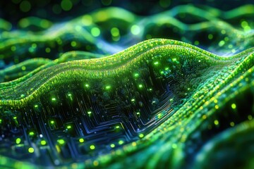 Poster - Abstract representation of a flowing, glowing green circuit board, symbolizing data streams and technological advancement.