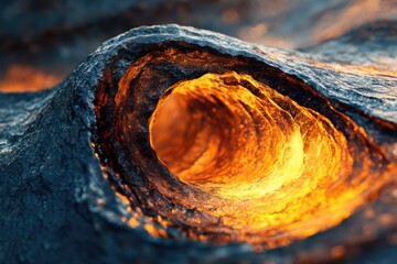Aufkleber - Glowing orange lava flows within a dark, textured rock formation, creating a mesmerizing natural tunnel.