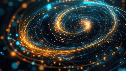 Poster - Swirling golden and blue particles forming mesmerizing spiral galaxy pattern against dark cosmic background, creating dynamic interstellar vortex with vibrant energy