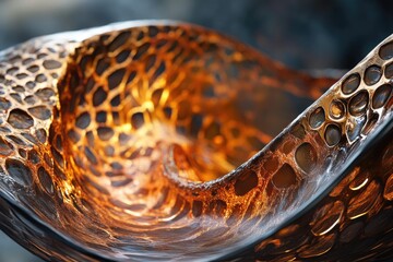 Leinwandbilder - Intricate, golden-hued metal sculpture with a flowing, textured surface.