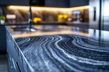 Aufkleber - Close-up of a sleek, modern kitchen countertop with a striking black and white marble pattern.