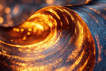Poster - A swirling, metallic wave glows with fiery orange and gold, creating a mesmerizing abstract art piece.