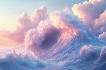 Poster - Pastel-colored waves crash against a sky filled with fluffy clouds at sunset, a dreamy, serene scene.