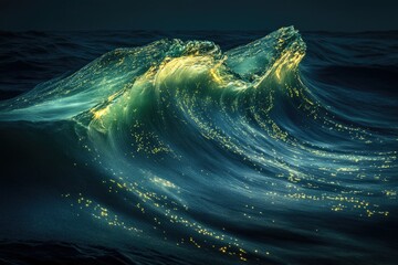 Poster - A luminous ocean wave, glowing with bioluminescent particles at night, a breathtaking spectacle of nature.