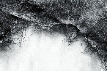 Aufkleber - close-up of ripped black denim fabric with frayed edges against a white background.