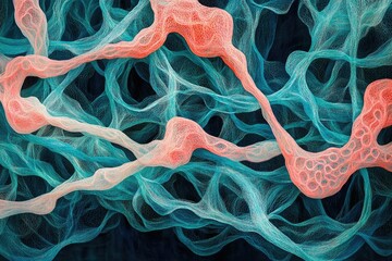 Poster - Abstract art depicting a complex network of interconnected, flowing, coral-like forms in teal and peach.