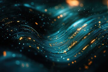 Poster - Abstract digital wave, teal and gold, flowing data, technology background.