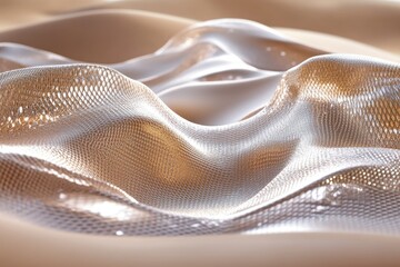 Poster - Abstract image of a flowing, textured, metallic beige fabric with a grid-like pattern, creating a wavy, undulating surface.