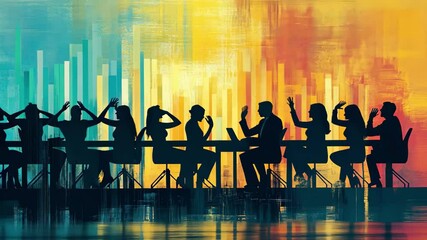 Poster - business meeting with discussion and analysis of bar chart among diverse professionals, business mee