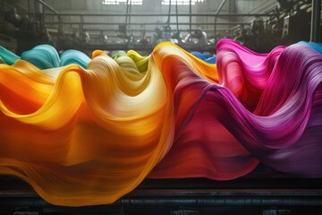Aufkleber - Vibrant, flowing fabrics in a textile factory, showcasing a spectrum of rich colors and textures.