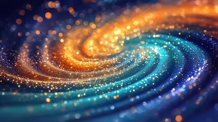 Poster - Sparkling golden and blue glitter particles intertwining, forming dynamic bokeh pattern with gradient color blend, representing festive visual magic and imaginative design concept