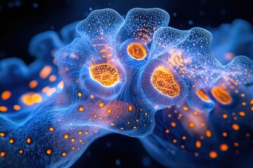 Poster - Intricate bioluminescent ocean organism, glowing with vibrant blue and orange hues, detailed cellular structure.