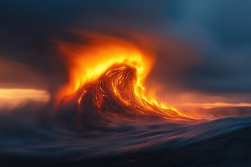Poster - Fiery lava wave crashes in dramatic sunset, creating a breathtaking spectacle of nature's power.