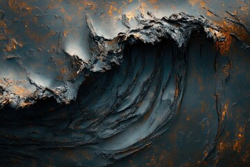 Poster - Abstract dark wave, textured surface, metallic, bronze, gold accents, digital art.