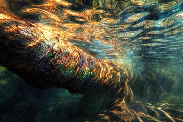Poster - Sunlit underwater scene showcasing a submerged log, vibrant colors, and water's reflective patterns.