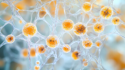 Wall Mural - A macro shot of a vibrant fungal colony, revealing intricate details of its delicate, web-like structure and spherical fruiting bodies. Fungal Web. Illustration