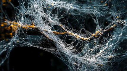 Wall Mural - Close-up tree branch spider web-like structure web made microscopic image of mushroom. Fungal Web. Illustration