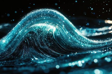 Aufkleber - Abstract wave of sparkling turquoise energy, flowing dynamically in a dark background.
