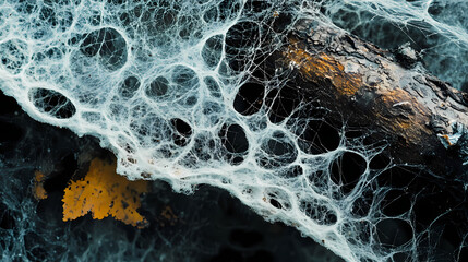 Wall Mural - Close-up tree branch spider web-like structure web made microscopic image of mushroom. Fungal Web. Illustration