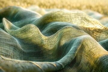 Fototapete - Draped fabric in shades of green and gold, showing texture and light.