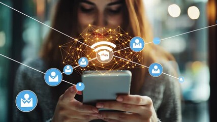 Poster - Wireless connectivity enables financial data processing in a bustling urban environment, financial data processing and wifi icon over caucasian woman using smartphone