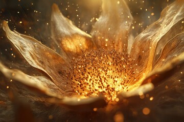 Fototapete - A glowing, golden flower, radiating light and surrounded by shimmering particles.
