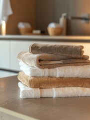 Poster - Cozy and clean neatly folded towels creating a relaxing atmosphere in a bathroom designed for hotels and spa salons Generative AI
