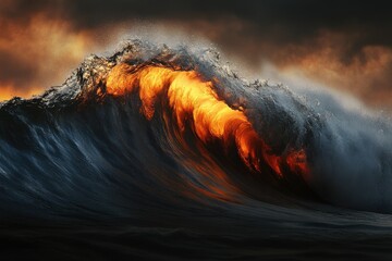 Aufkleber - A fiery sunset illuminates a colossal ocean wave, creating a breathtaking spectacle of nature's power.