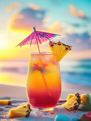 Poster - Exotic cocktail with pineapple and umbrella against a vibrant beach sunset backdrop Generative AI
