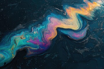 Aufkleber - Abstract iridescent oil spill on dark water, resembling a cosmic river.