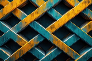Fototapete - Abstract crisscross pattern of teal and gold weathered wood beams creating a geometric design.