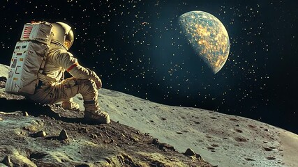 Poster - Astronaut resting on lunar surface while gazing at Earth from the moon in stunning 4K resolution