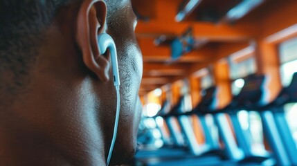 Poster - Close-up view of an ear wearing wireless earbuds in a vibrant gym setting for an energetic workout experience Generative AI
