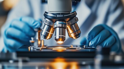 Aufkleber - Scientist adjusting focus of microscope during scientific research in medical laboratory