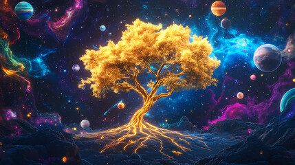 Wall Mural - radiant golden tree branches leaves
