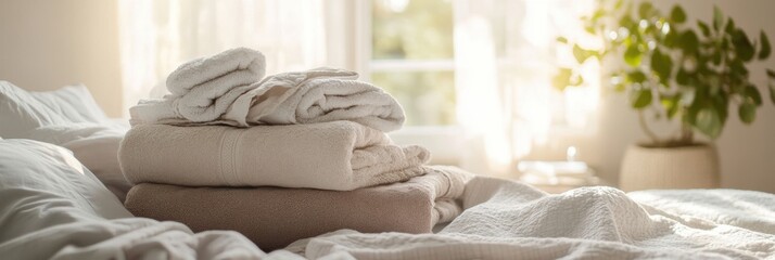 Fototapete - Freshly washed towels and linens create a cozy bedroom atmosphere with soft light and inviting neutral colors Generative AI