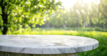 Fototapete - Empty marble table with blurred green spring nature background