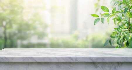 Fototapete - Empty marble table with blurred green spring nature background for product display
