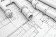 © Ahtesham - White pipes on a detailed architectural blueprint sheet