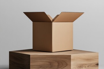 Poster - Cardboard Box Ready for Unboxing on Sleek Wooden Display in Minimalistic Setting Illuminated by Soft Natural Light Generative AI