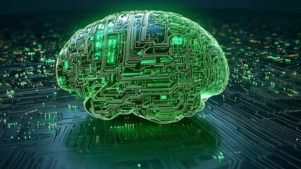 Fototapete - Digital brain illustration with glowing green circuit patterns on a dark background